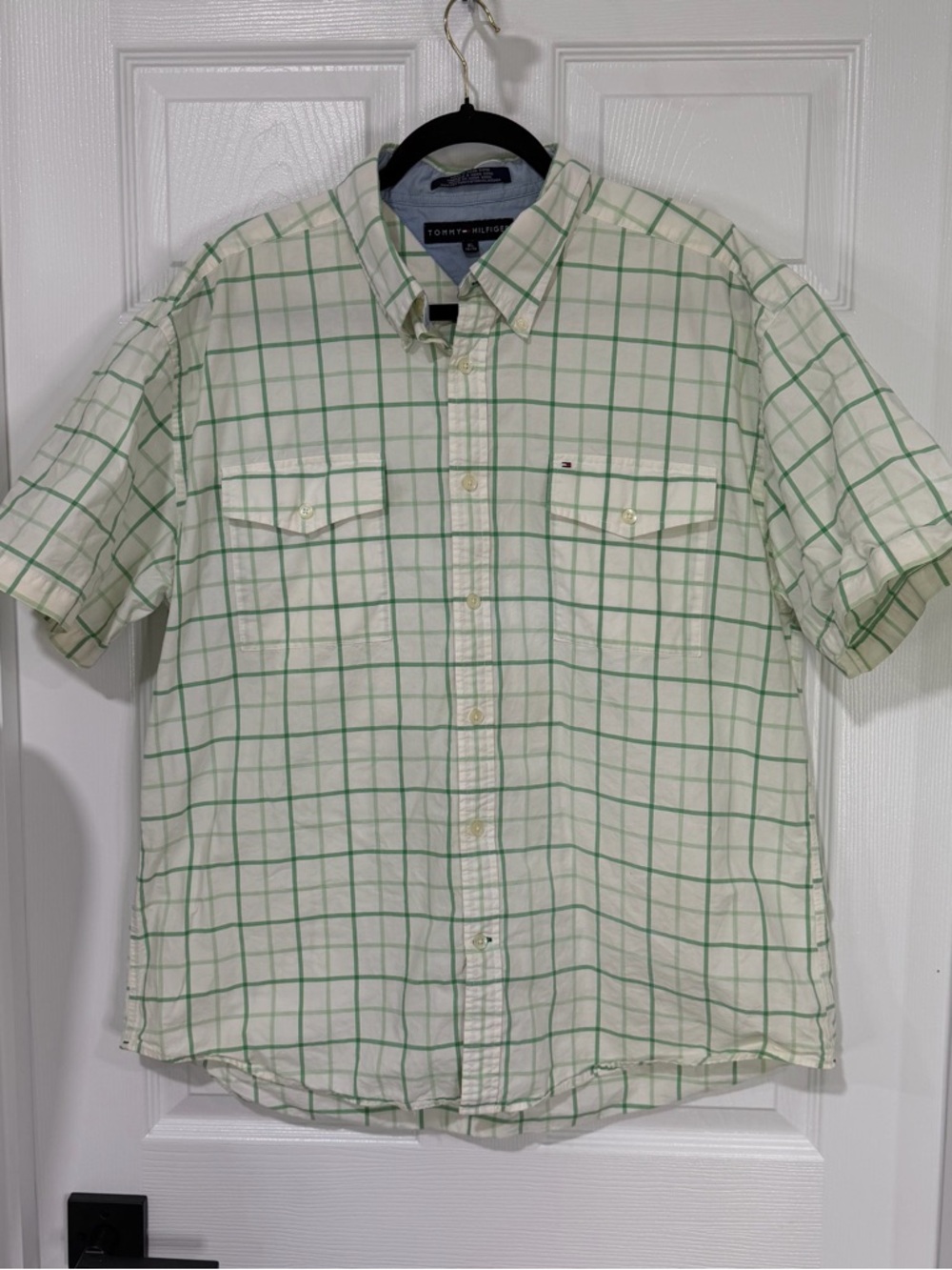 Tommy Hilfiger Men’s Cream Button-Down Shirt with Green Windowpane